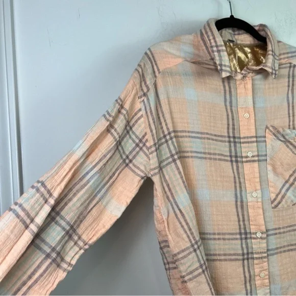 Free People Womens Button Up Shirt Large Peach Plaid Relaxed Dolman Sleeve Crop - Picture 4 of 9